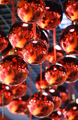 Christmas background with red glittering balls. Christmas mood.