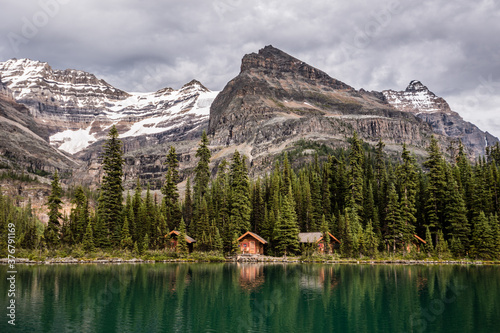 Scenic view of Lake O Hara Lodge against mountain photo