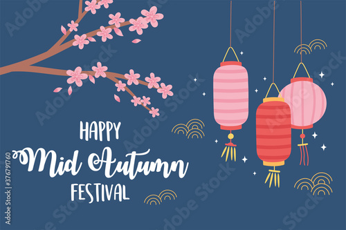 happy mid autumn festival, branch tree with sakura flowers and lanterns