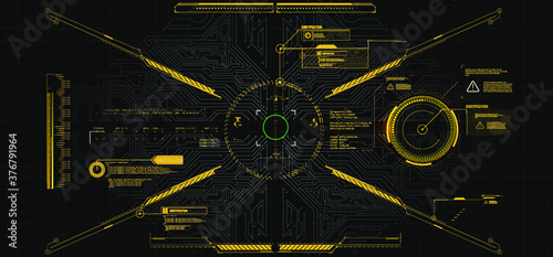 Modern illustration for game background design Futuristic HUD, GUI interface screen design. Virtual reality. Futuristic VR Head-up Display Design. Sci-Fi Helmet HUD. Future Technology. Hi tech design