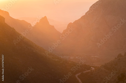 Chisos Mountain Basin in Big Bend National Park during sunset photo