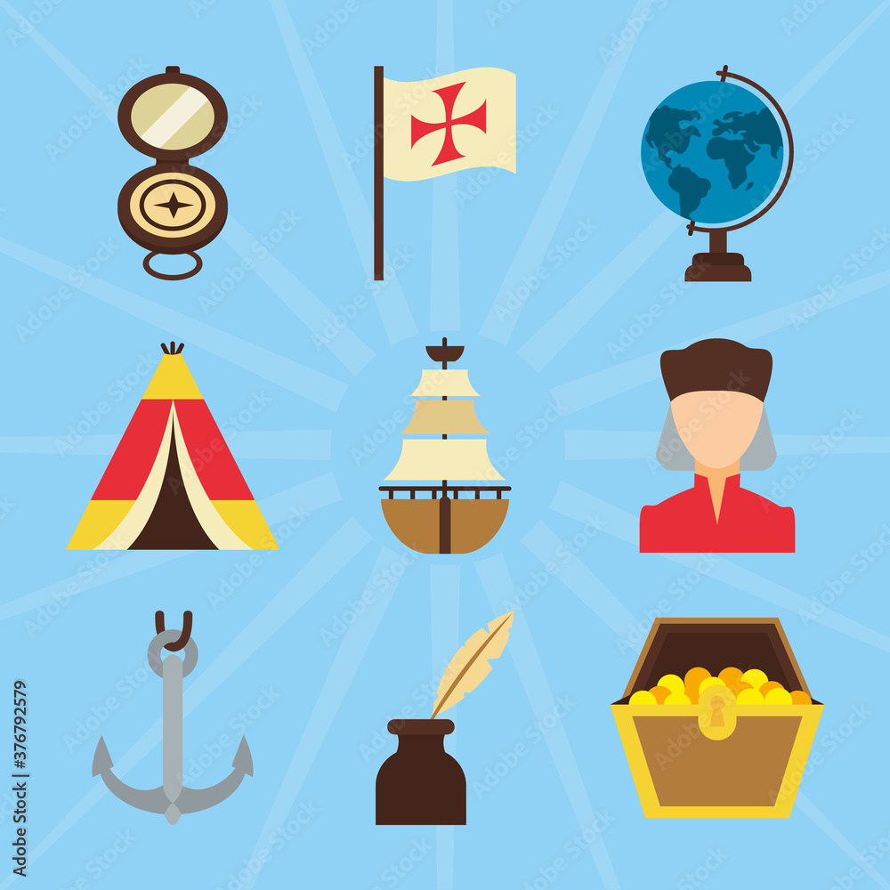 Columbus day and compass icon set, flat style Columbus day and compass icon set, flat style