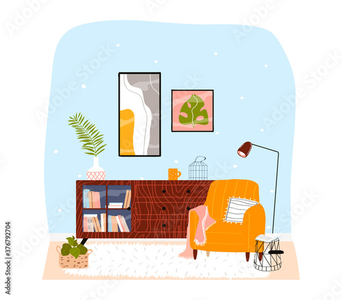 home room interior, comfortable living room furniture, modern apartment design, cartoon vector illustration, isolated on white. Stylish bookcase, colorful lamp and armchair style, paintings on wall.