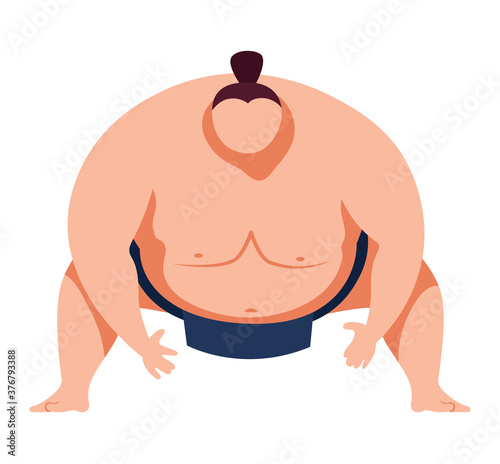 Martial art, traditional japanese art sumo sport, heavy, fat man design cartoon style vector illustration, isolated on white. Obesity battler in combat stance, big, human, strong seated sumoist.