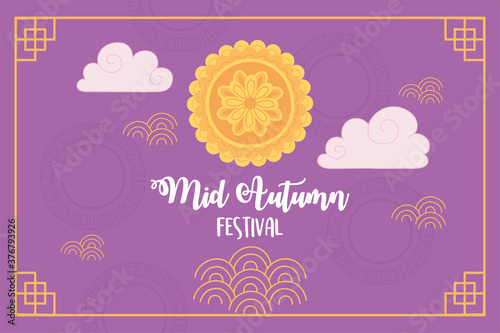 happy mid autumn festival purple background mooncake clouds frame decoration