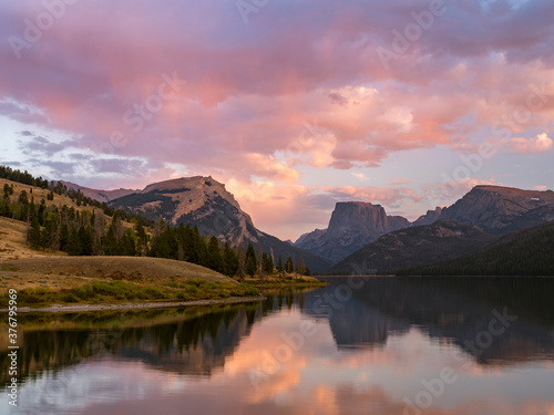 View of Green River Lake in Bridger National Forest during sunset