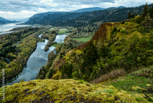 Scenic view of Columbia River flowing amidst landscape