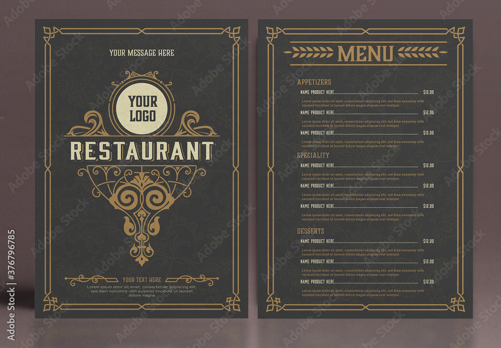 Restaurant Menu Layout with Ornamental Elements Stock Template | Adobe ...