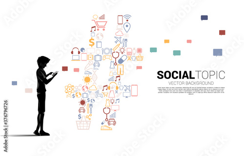 Silhouette of man use mobile phone and Hash tag from icon . background concept for social topic and news.