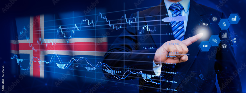 Businessman touching data analytics process system with KPI financial charts, dashboard of stock and marketing on virtual interface. With Iceland flag in background.