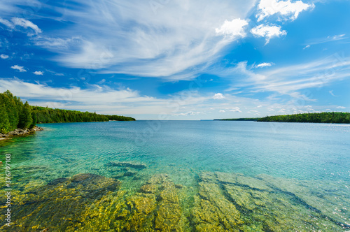amazing natural inviting landscape view of Bruce Peninsula park at Lake Huron, georgian Bay with crystal clear turquoise, tranquil fresh water