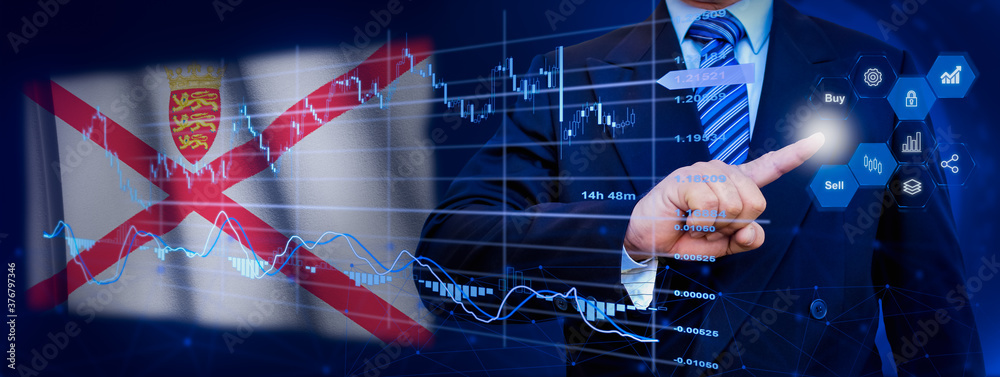 Fototapeta premium Businessman touching data analytics process system with KPI financial charts, dashboard of stock and marketing on virtual interface. With Jersey flag in background.