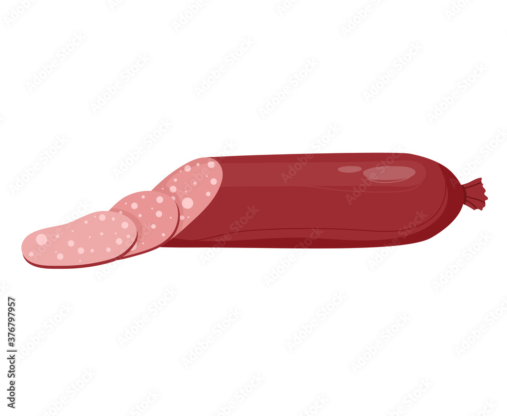 Meat slice, gourmet pork appetizer, beef sausage, delicacies for dinner, isolated on white, design, flat style vector illustration. Salami background, sliced wurst, product cut, italian snack. Meat slice, gourmet pork appetizer, beef sausage, delicacies for dinner, isolated on white, design, flat style vector illustration. Salami background, sliced wurst, product cut, italian snack.