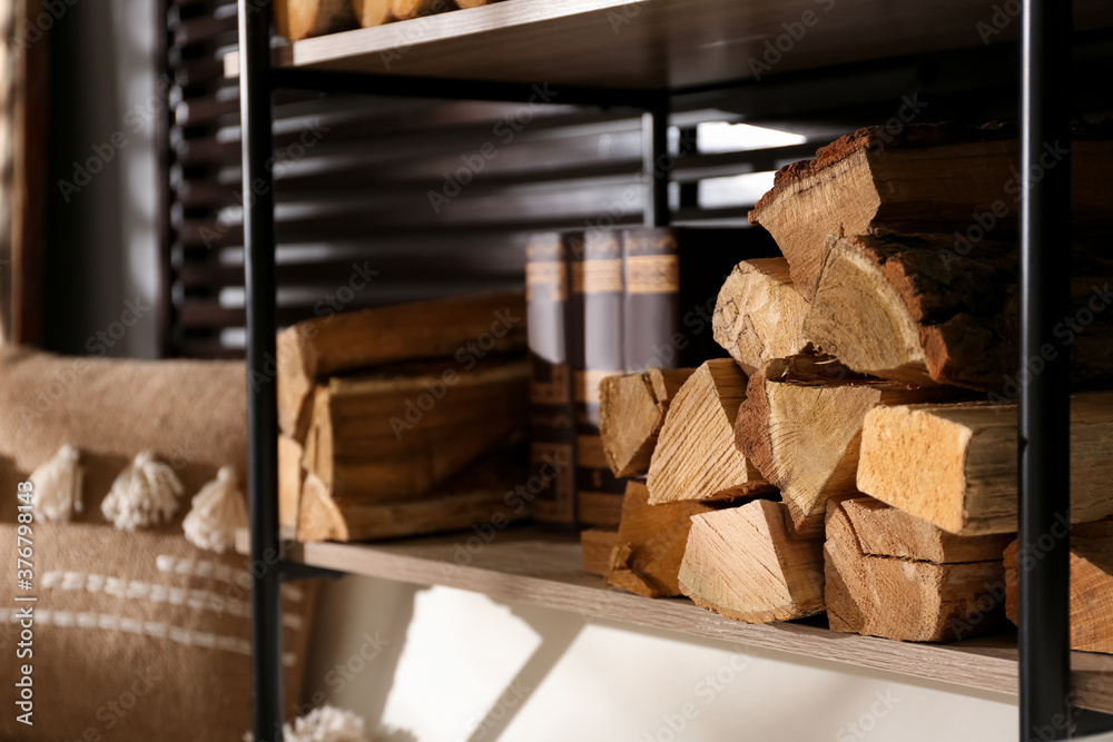 Shelving unit with stacked firewood near wall in room, closeup. Idea for interior design