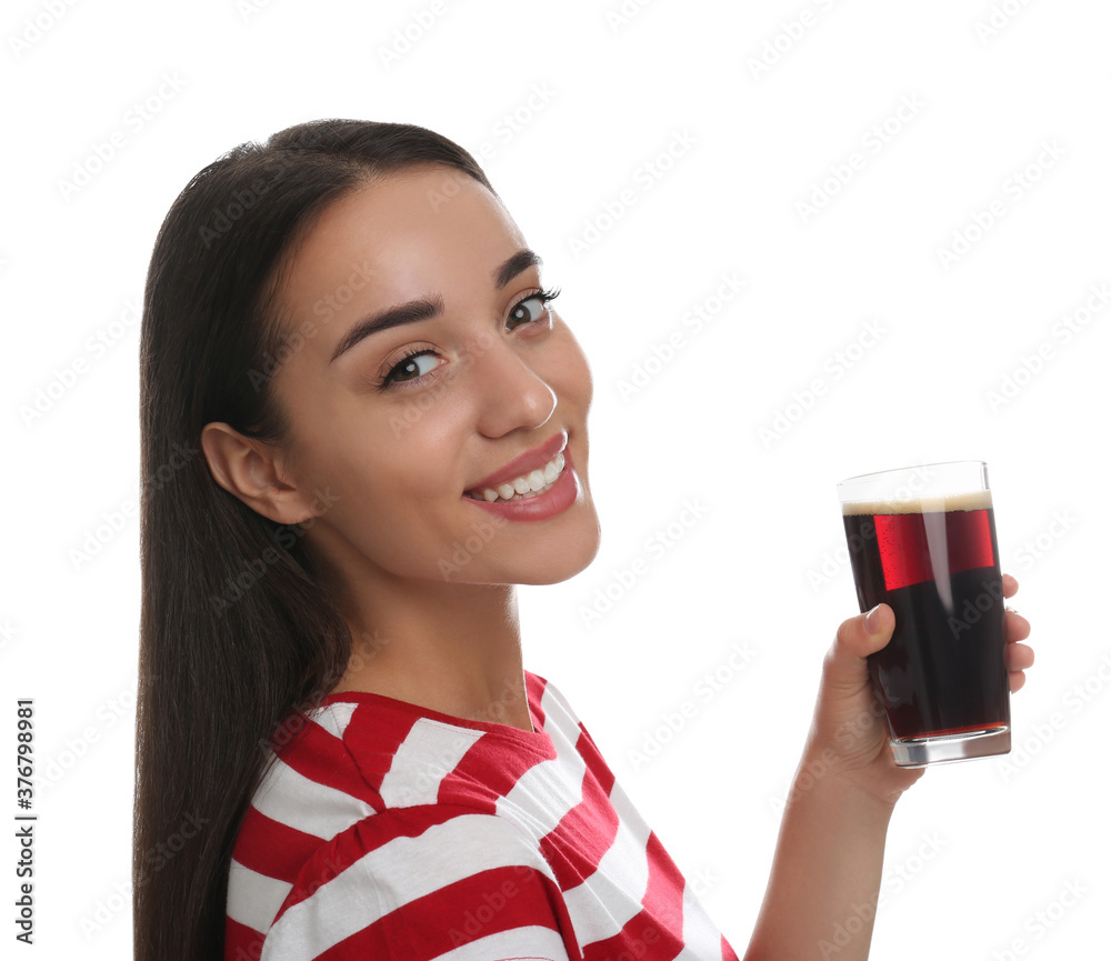 Beautiful woman with cold kvass on white background. Traditional Russian summer drink Beautiful woman with cold kvass on white background. Traditional Russian summer drink