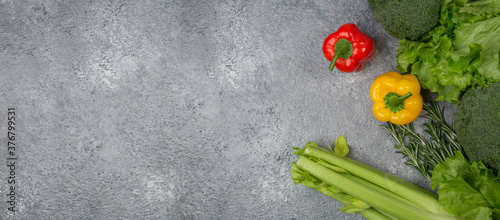 Fresh vegetables-broccoli  celery  sweet pepper  lettuce on a gray concrete background
