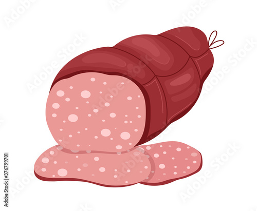 Meat sausage with label, delicious grilled food, fresh pork sausages, design cartoon style vector illustration, isolated on white. Food preparation, object close-up, foodstuffs, rugged red packaging.