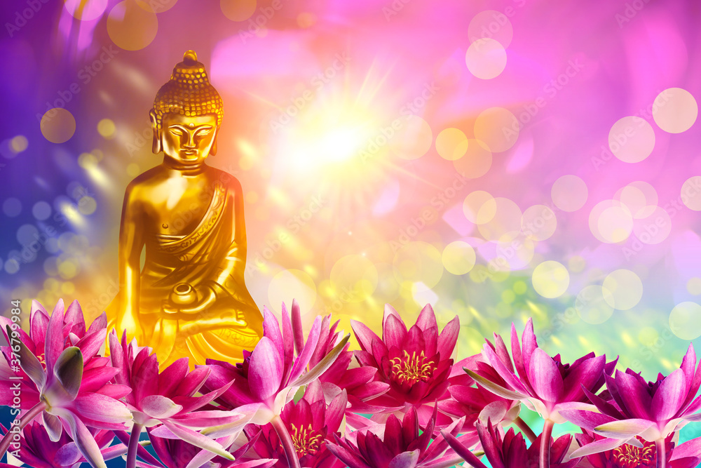 Buddha figure among lotus flowers on bright background, bokeh effect