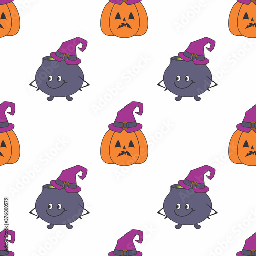 Halloween seamless patterns with cute characters. Colorful vector background