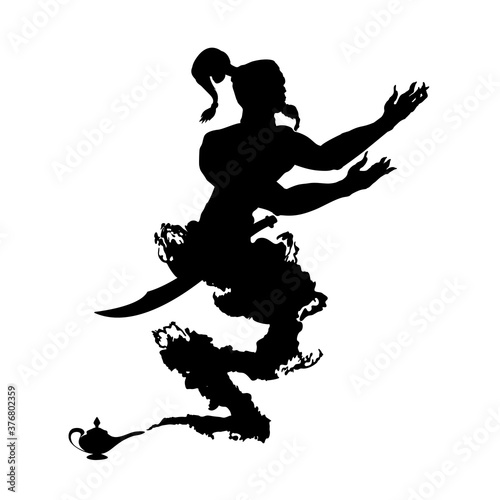 Arabic genie lamp black silhouette isolated on white background. Outline of figure of hero of Eastern fairy tales. Vector illustration