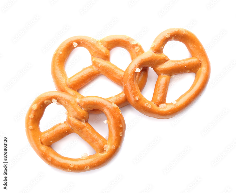 Delicious crispy pretzel crackers isolated on white, top view Delicious crispy pretzel crackers isolated on white, top view