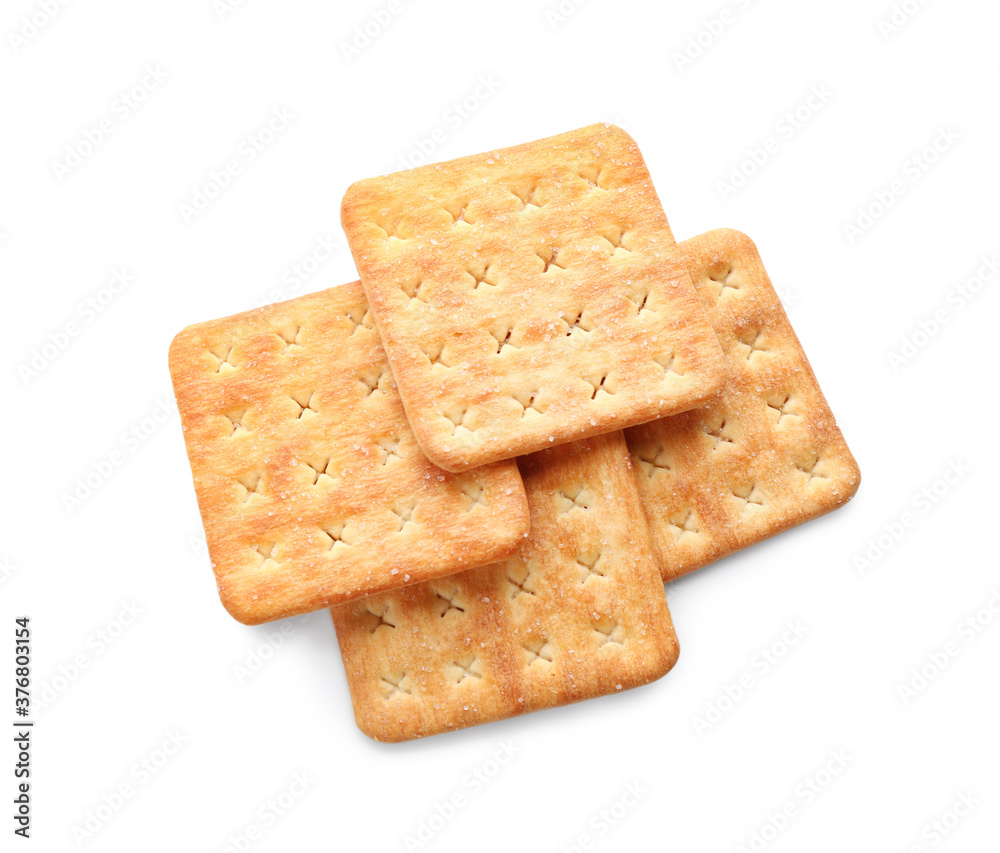 Delicious crispy crackers isolated on white, top view Delicious crispy crackers isolated on white, top view
