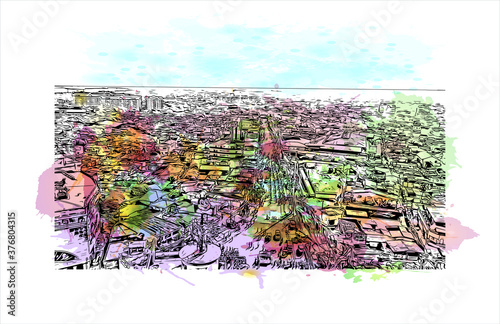 Building view with landmark of Bacoor, officially the City of Bacoor, is a 1st class city in the province of Cavite, Philippines. Watercolor splash with hand drawn sketch illustration in vector. photo