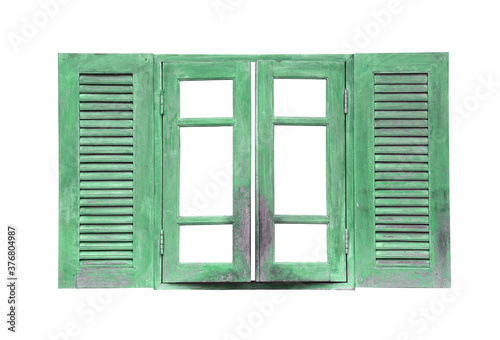 Old wooden green window vintage isolated on white.