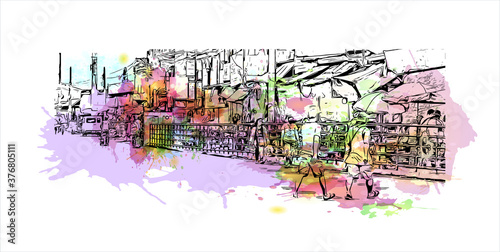 Building view with landmark of Bacoor, officially the City of Bacoor, is a 1st class city in the province of Cavite, Philippines. Watercolor splash with hand drawn sketch illustration in vector. photo