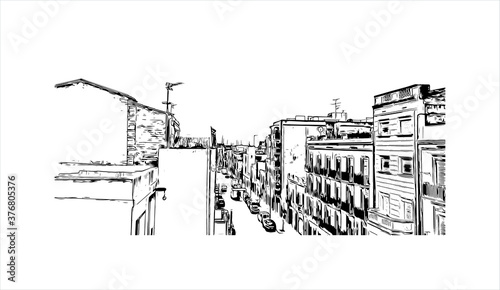 Building view with landmark of Badalona is a municipality to the immediate north east of Barcelona in Catalonia, Spain. Hand drawn sketch illustration in vector.