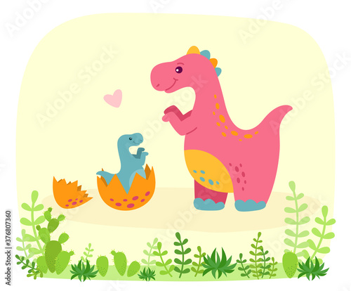 Dinosaur with baby dino  cartoon style. Funny Tyrannosaurus rex with plants and cactus. Colorful cute funny kids illustration. Vector isolated on white background