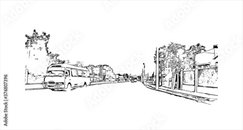 Building view with landmark of Azua de Compostela, also known simply as Azua, is a municipality and capital of Azua Province in the Dominican Republic. Hand drawn sketch illustration in vector. photo