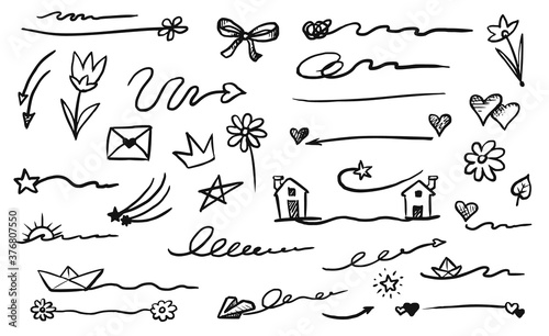Emphasis element. Doodle hand-drawn emphasis element isolated set illustration. Vector ink paper airplane and boat, heart and flower, star and flower, arrow and signature, house and crown drawing