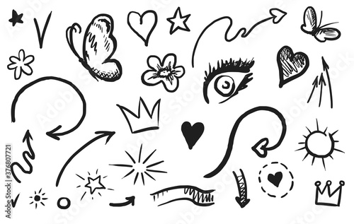 Swish swoop icon. Hand drawn emphasis element and calligraphy swirl isolated icon set. Doodle curly swish, swash, swoop collection on white background. Vector comic scribble sketch illustration