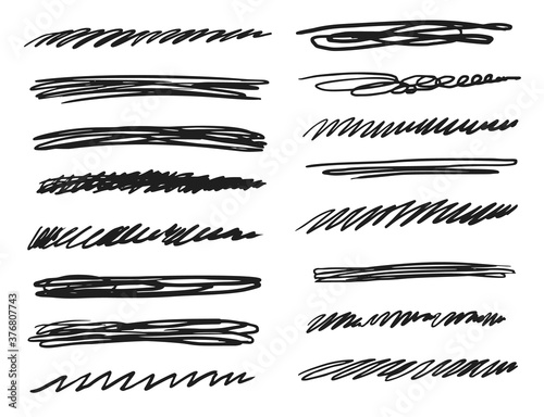 Underline stroke. Hand drawn underline stroke sketch illustration. Vector abstract curved scribble line collection on white. Isolated handmade black felt tip brush smear or paint stripe icon set