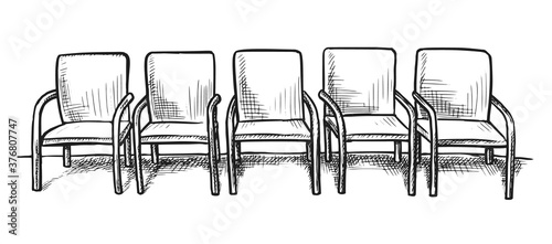 Waiting room sketch. Hand drawn empty chair seat row on white background. Business office or hospital hallway or waiting room doodle interior design. Vector furniture for visitor illustration