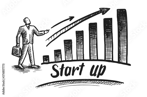 Business sketch. Business man and growing chart vector hand drawn sketch illustration on white. Entrepreneur give investment graph, economic diagram, profit progress, finance startup presentation