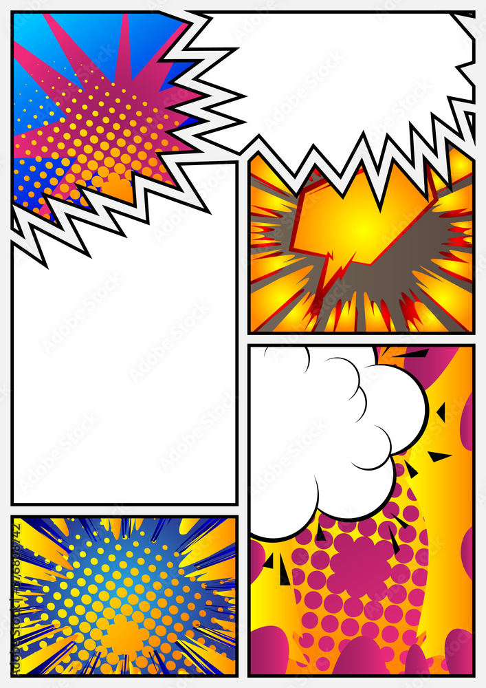Comic book page with colorful elements and blank space. Cartoon design colored background illustration. Vector comics backdrop. Comic book page with colorful elements and blank space. Cartoon design colored background illustration. Vector comics backdrop.