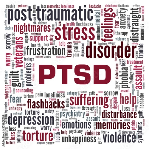 Post-traumatic stress disorder - PTSD vector illustration word cloud isolated on a white background.