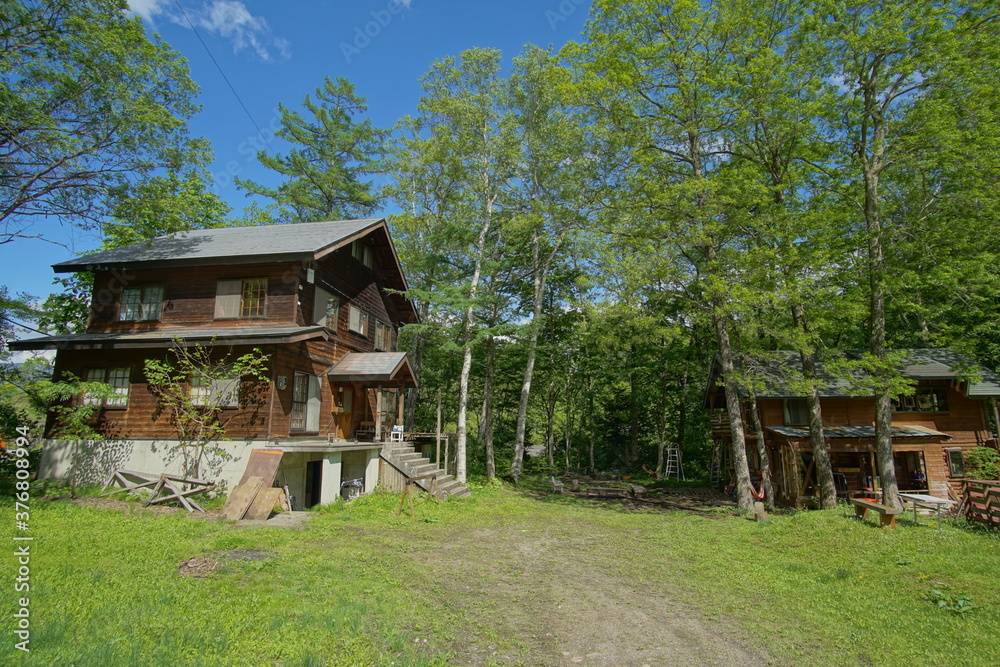 A wooden house in forest in Spring, Summer in countryside of Japan