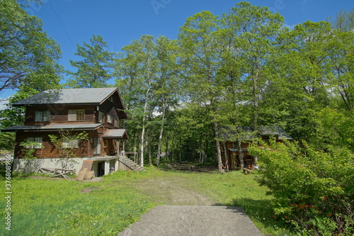 A wooden house in forest in Spring, Summer in countryside of Japan