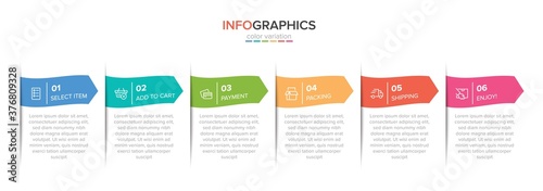 Concept of shopping process with 6 successive steps. Six colorful graphic elements. Timeline design for brochure, presentation, web site. Infographic design layout.