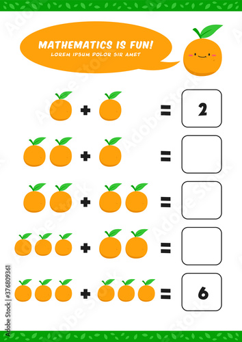preschool addition mathematics learn worksheet activity template with cute orange illustration for child kids