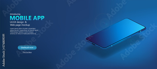 Detailed Mockup Cellphone in isometric position on dark blue surface for presentation. 3D realistic smartphone template for tech design. Isometric mockup mobile phone on blue background. Vector