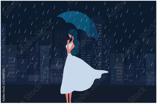 Woman holding umbrella in raining dark night. Raining, autumn, loneliness, depression concept background