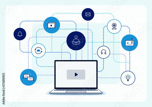 Online education network: e learning network, online class platform, distance learning, education icons, laptop computer front view, editable stroke illustration