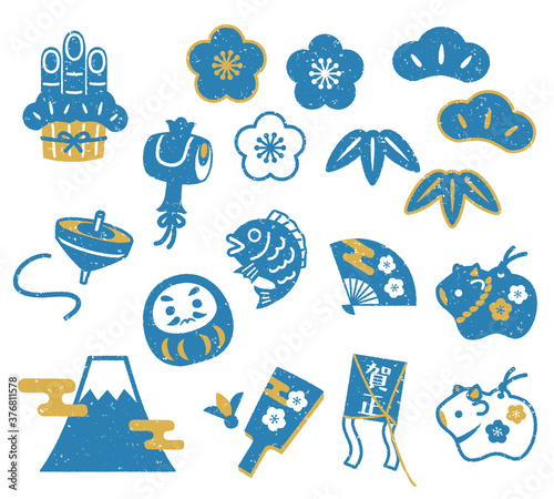 お正月の判子・スタンプ風アイコンセット　年賀状素材　青