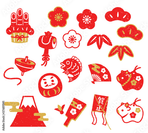 お正月の判子・スタンプ風アイコンセット　年賀状素材