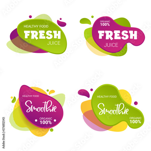 Set of frash and smoothie vector label. Bright and shine stickers, labels, tags and banners for smoothie. For badges of fresh market, detox, farmers market, eco shop, drinks, juice cafe, green bar.