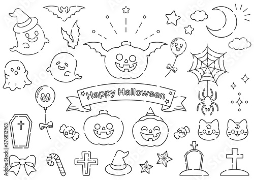 ハロウィン 線画の可愛い素材集 モノクロ モノトーン 線画